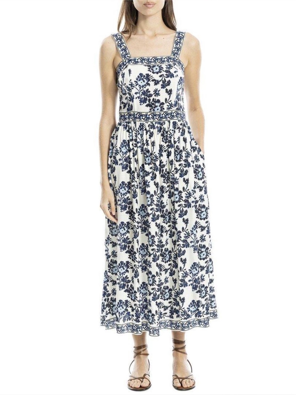 Max Studio London dress features a distinctive cream and navy blue floral print.